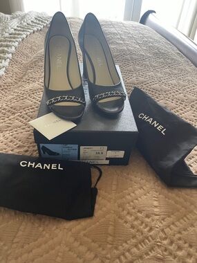 Authentic CHANEL Black Open-Toe Pumps with Chain Trim